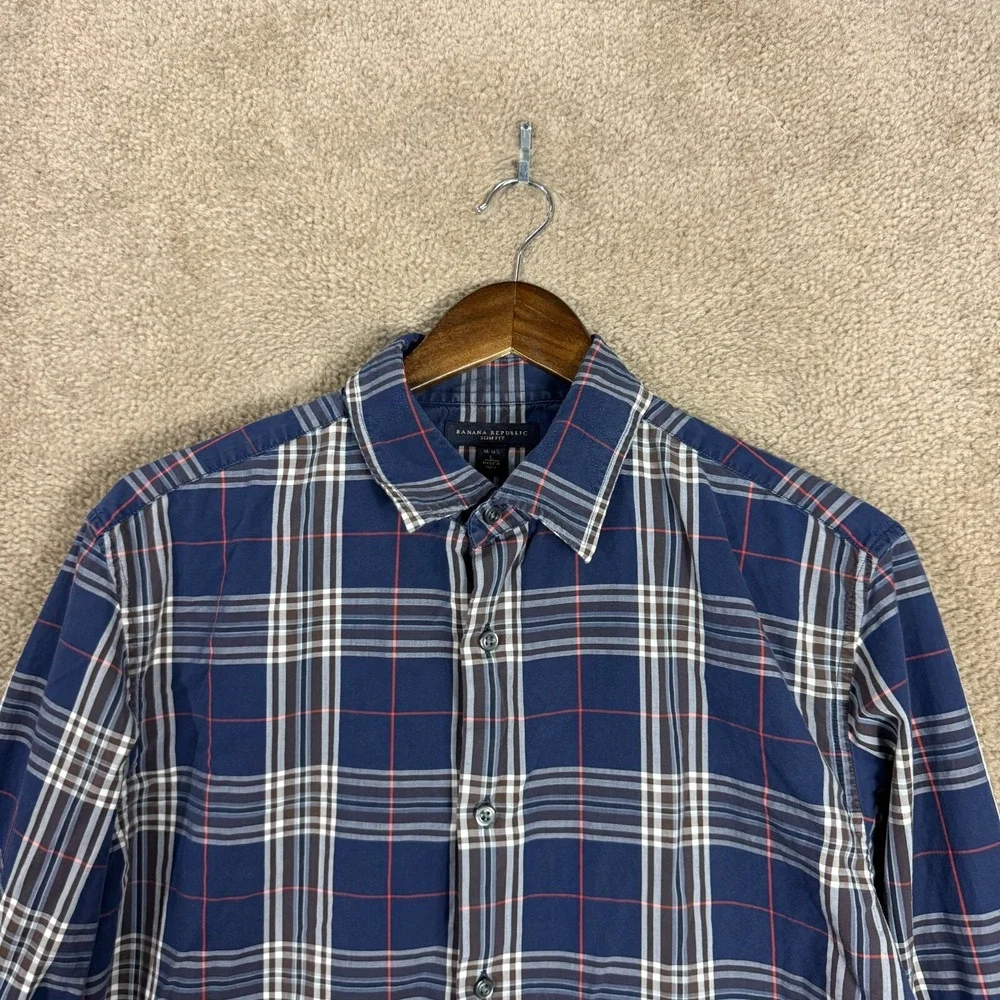 Banana Republic Shirt Men's Large 16-16.5 Navy Plaid Slim Fit Button Down Cotton